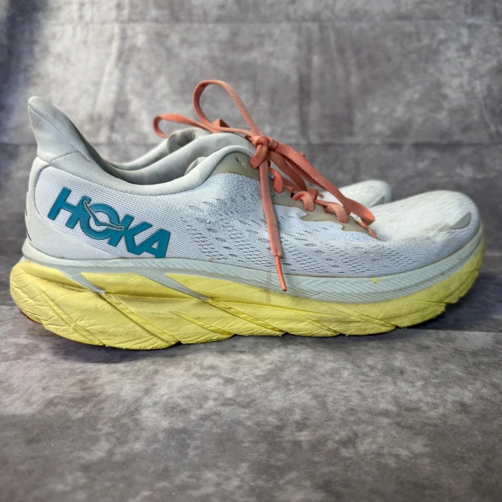 Hoka Clifton 8 Mens 11D Road Running Shoes White Yellow Coral Teal Sneaker